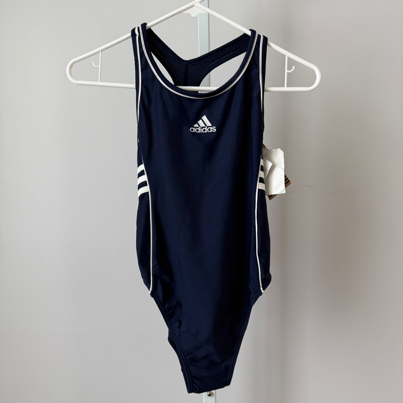 Adidas M/8 Navy Blue One Piece Swimsuit 3-Stripe Racerback Training Swim